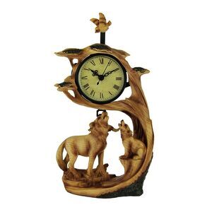 Wolf Family Safari Carved Wood Look Clock Figurine